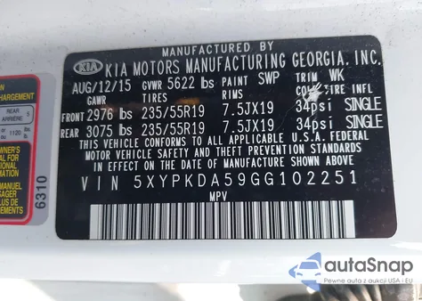 2016 Kia Sorento 3.3L Sx z USA, uszkodzony, nr VIN 5XYPKDA59GG102251